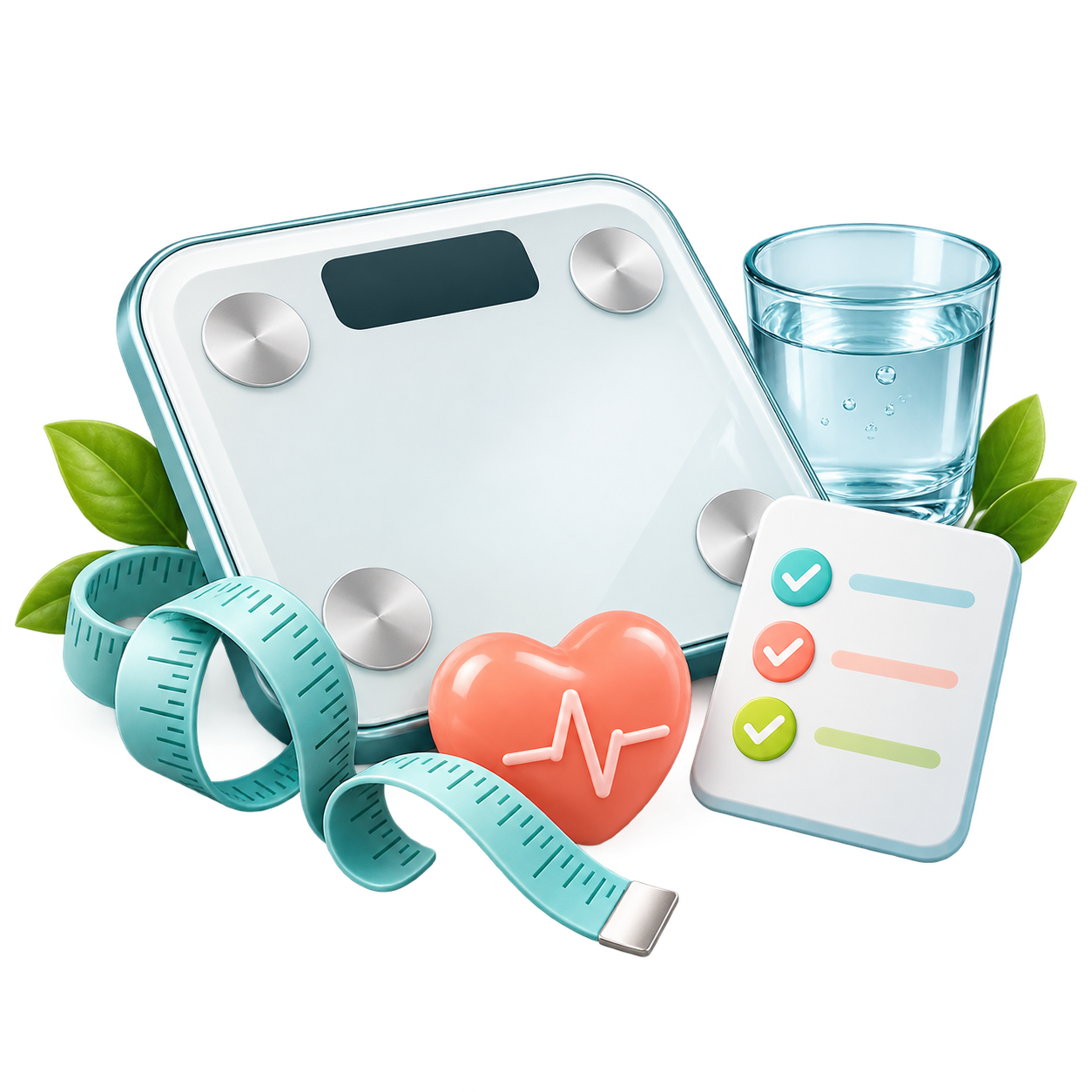 Colorful three-dimensional scale, measuring tape, heart, water glass, and checklist illustration