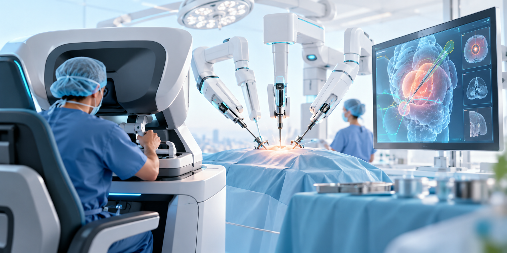 Conceptual operating-room scene with a surgeon controlling articulated surgical instruments from a console